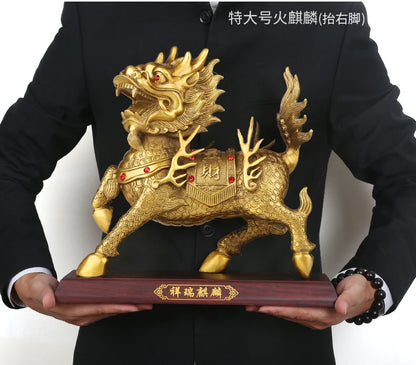 large  Company office home Bring in wealth  Money Drawing good luck Talisman -TOP Retro dragon Qi lin FENG SHUI Brass statue