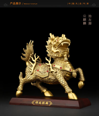 large  Company office home Bring in wealth  Money Drawing good luck Talisman -TOP Retro dragon Qi lin FENG SHUI Brass statue