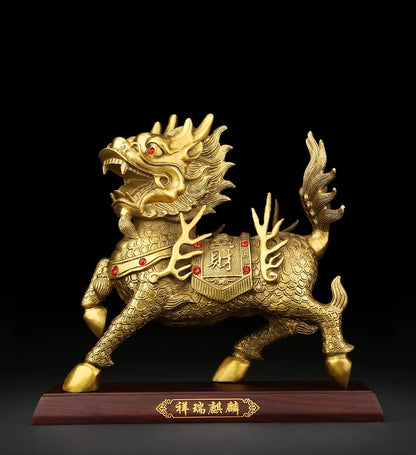 large  Company office home Bring in wealth  Money Drawing good luck Talisman -TOP Retro dragon Qi lin FENG SHUI Brass statue