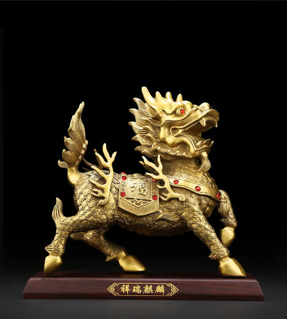 large  Company office home Bring in wealth  Money Drawing good luck Talisman -TOP Retro dragon Qi lin FENG SHUI Brass statue