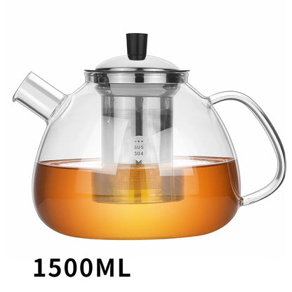 large-capacity glass teapot,With 304 stainless steel tea drain, Heat resistant suitable for home office tea set coffee pot1500ml