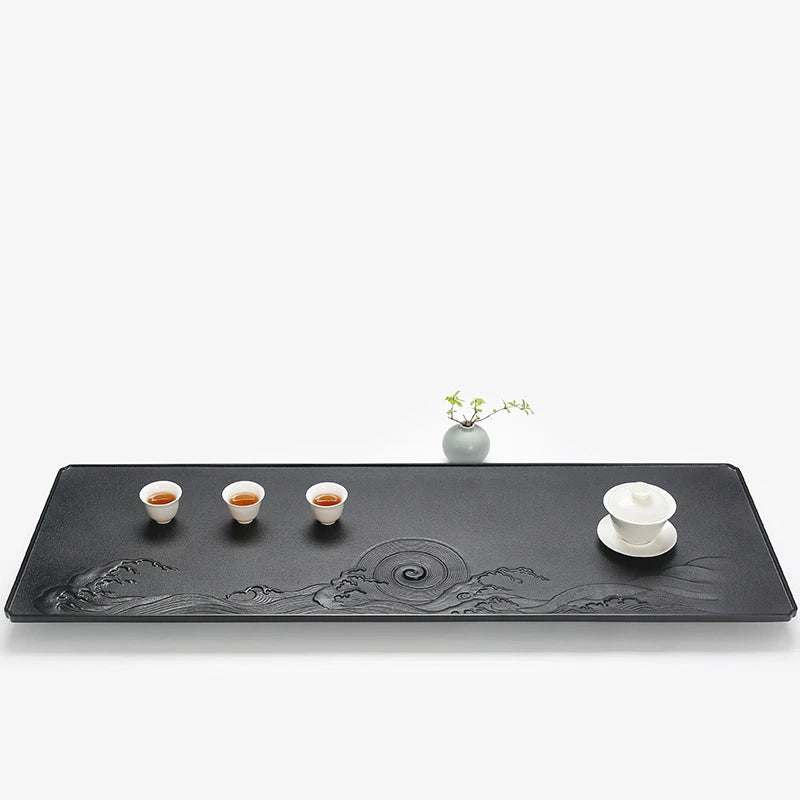 large tea tray weighted natural black stone table water draining outlet hand carved embossed serving trays for kungfu tea set