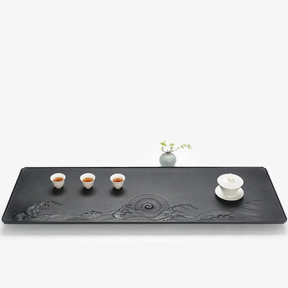 large tea tray weighted natural black stone table water draining outlet hand carved embossed serving trays for kungfu tea set