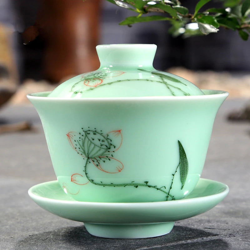 longquan celadon gaiwan porcelain handpainted tureen fish relief cup bowl with lid saucer mountain river print lotus design new