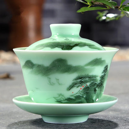 longquan celadon gaiwan porcelain handpainted tureen fish relief cup bowl with lid saucer mountain river print lotus design new