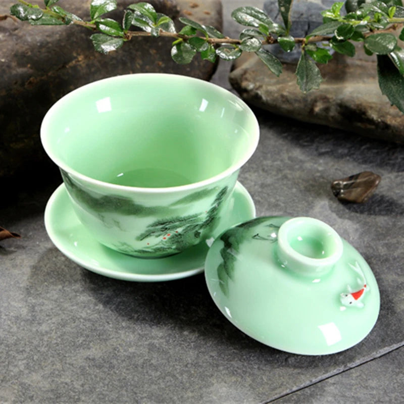 longquan celadon gaiwan porcelain handpainted tureen fish relief cup bowl with lid saucer mountain river print lotus design new