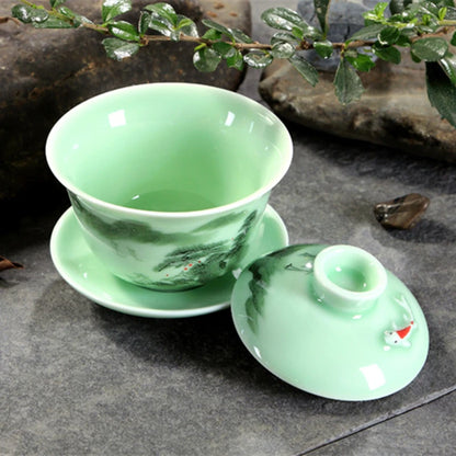 longquan celadon gaiwan porcelain handpainted tureen fish relief cup bowl with lid saucer mountain river print lotus design new