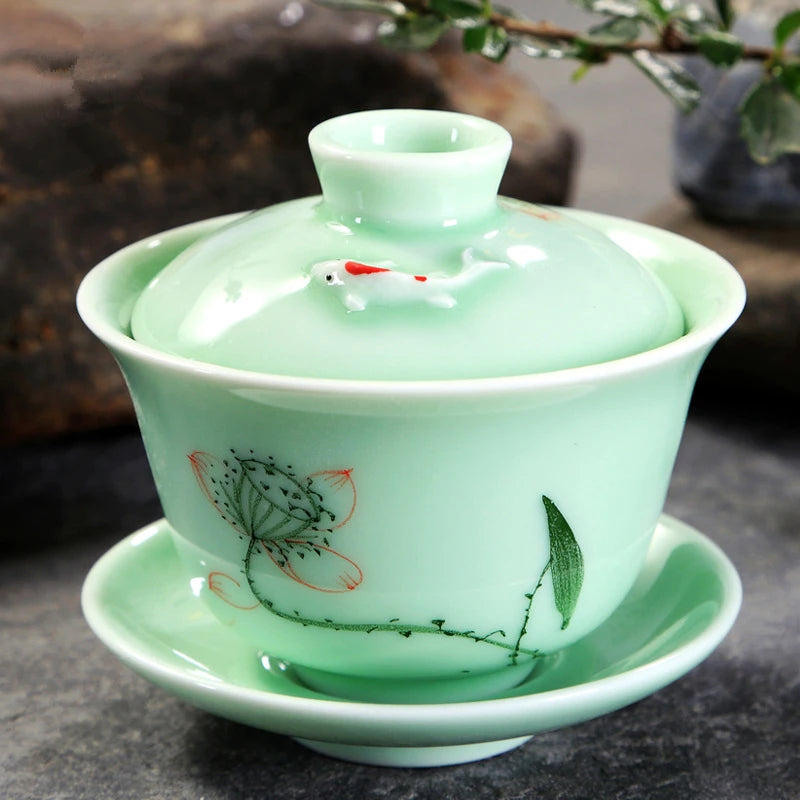 longquan celadon gaiwan porcelain handpainted tureen fish relief cup bowl with lid saucer mountain river print lotus design new