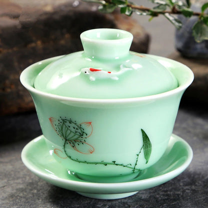 longquan celadon gaiwan porcelain handpainted tureen fish relief cup bowl with lid saucer mountain river print lotus design new