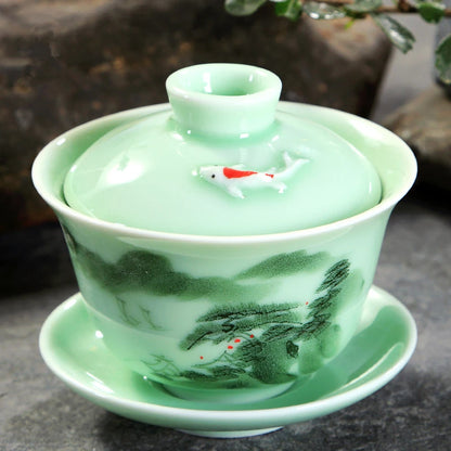 longquan celadon gaiwan porcelain handpainted tureen fish relief cup bowl with lid saucer mountain river print lotus design new