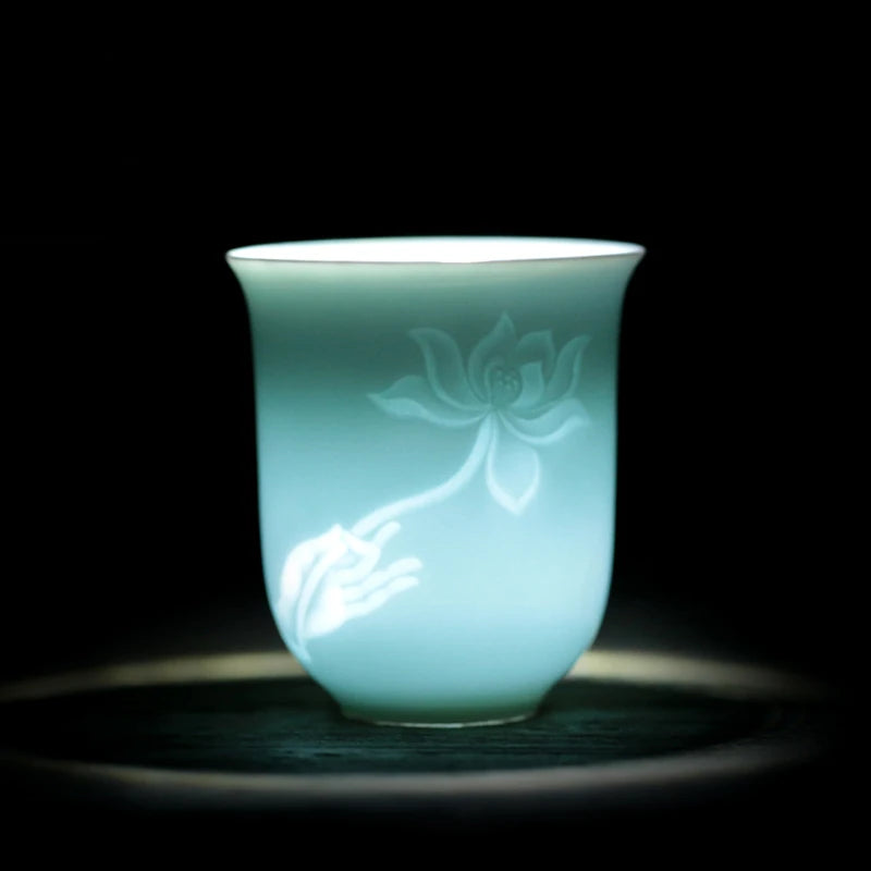 longquan celadon porcelain tea cup master carved lotus water lily engraved ceramic coffee cup one piece porcelain cups 130ml