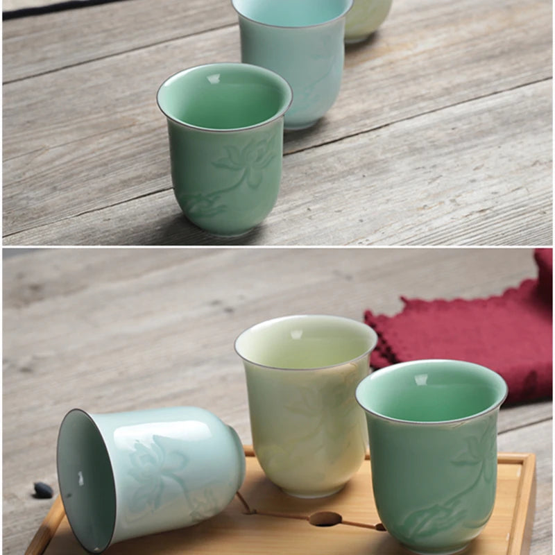 longquan celadon porcelain tea cup master carved lotus water lily engraved ceramic coffee cup one piece porcelain cups 130ml