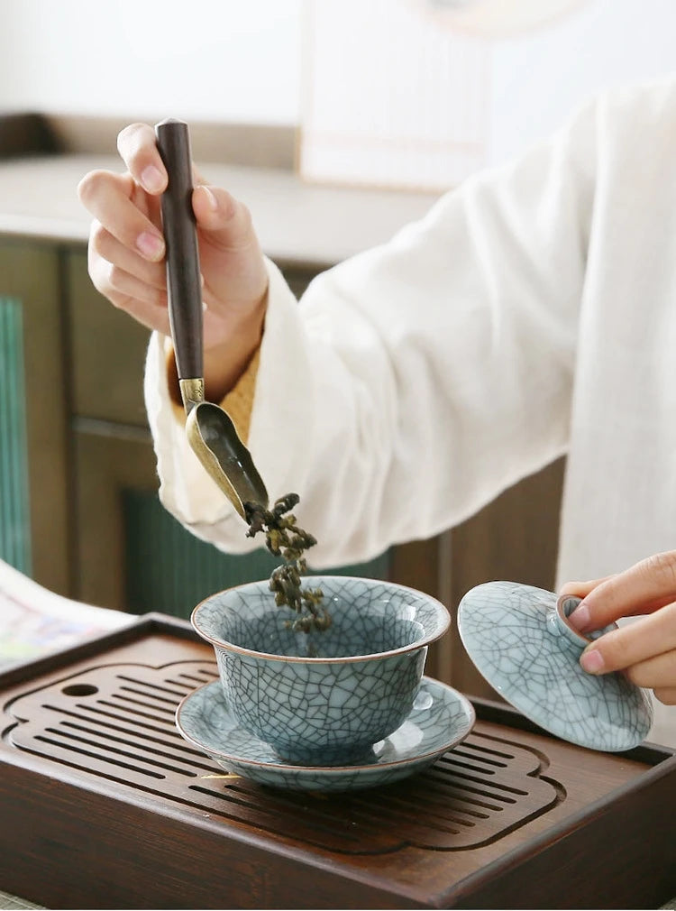 marked longquan celadon gaiwan crackle glaze porcelain tureen with cup saucer covered bowl lid 150ml creative iron line design