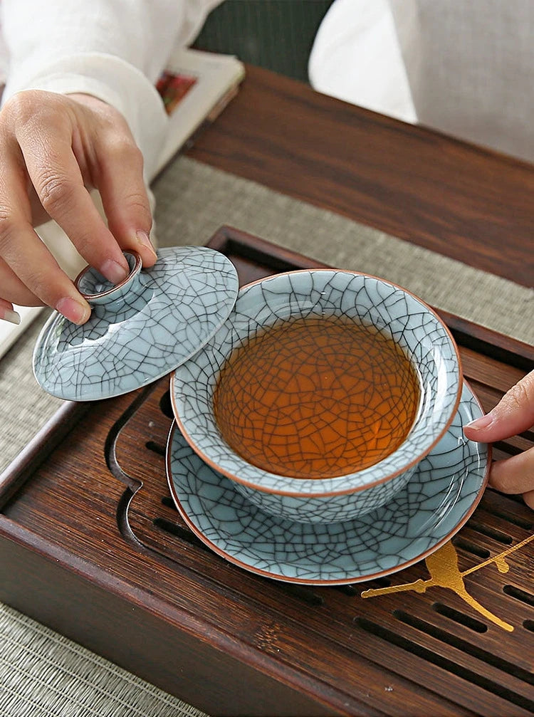 marked longquan celadon gaiwan crackle glaze porcelain tureen with cup saucer covered bowl lid 150ml creative iron line design
