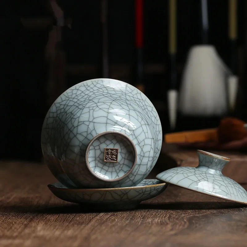 marked longquan celadon gaiwan crackle glaze porcelain tureen with cup saucer covered bowl lid 150ml creative iron line design