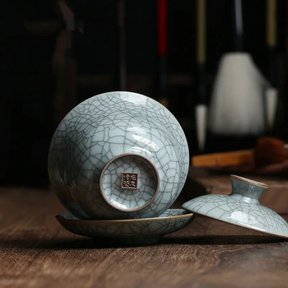 marked longquan celadon gaiwan crackle glaze porcelain tureen with cup saucer covered bowl lid 150ml creative iron line design