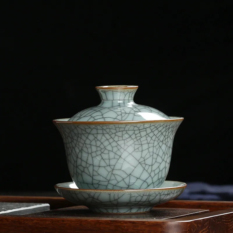 marked longquan celadon gaiwan crackle glaze porcelain tureen with cup saucer covered bowl lid 150ml creative iron line design