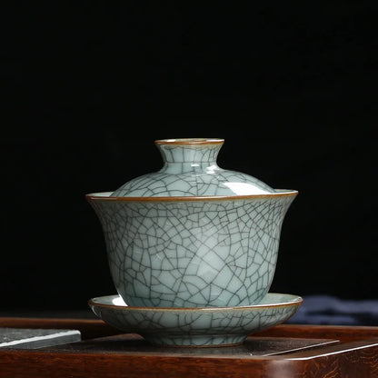 marked longquan celadon gaiwan crackle glaze porcelain tureen with cup saucer covered bowl lid 150ml creative iron line design