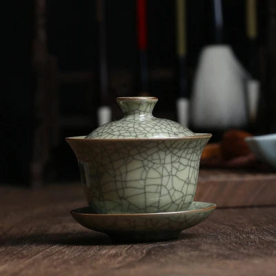 marked longquan celadon gaiwan crackle glaze porcelain tureen with cup saucer covered bowl lid 150ml creative iron line design