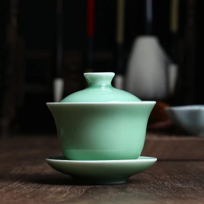 marked longquan celadon gaiwan crackle glaze porcelain tureen with cup saucer covered bowl lid 150ml creative iron line design