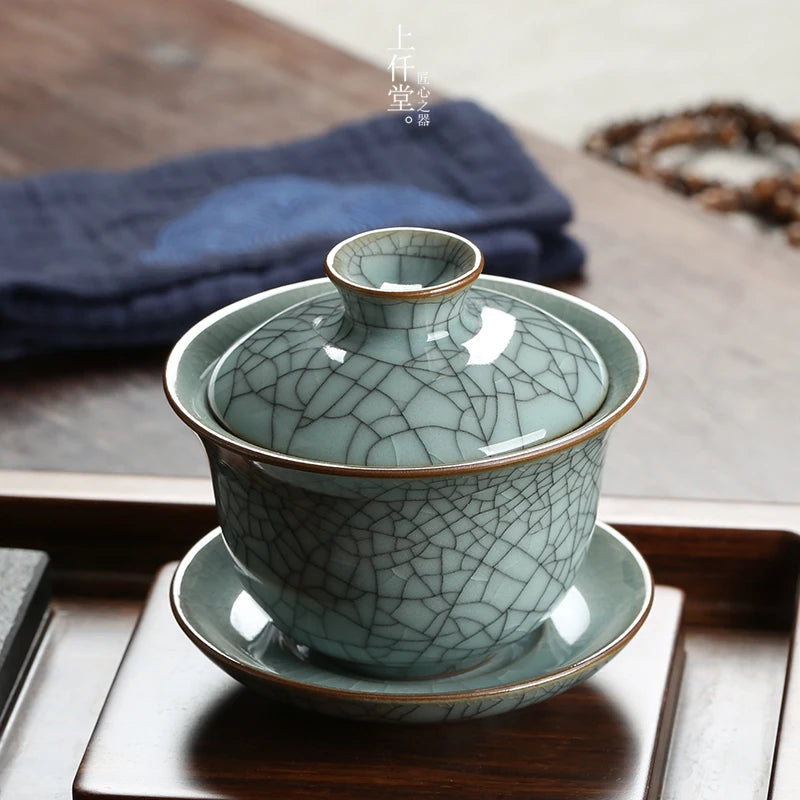 marked longquan celadon gaiwan crackle glaze porcelain tureen with cup saucer covered bowl lid 150ml creative iron line design