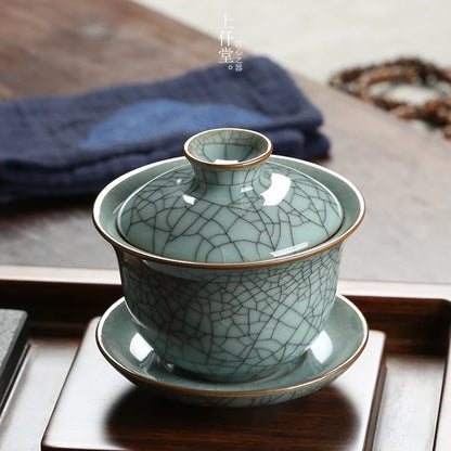 marked longquan celadon gaiwan crackle glaze porcelain tureen with cup saucer covered bowl lid 150ml creative iron line design