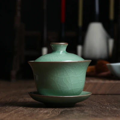 marked longquan celadon gaiwan crackle glaze porcelain tureen with cup saucer covered bowl lid 150ml creative iron line design