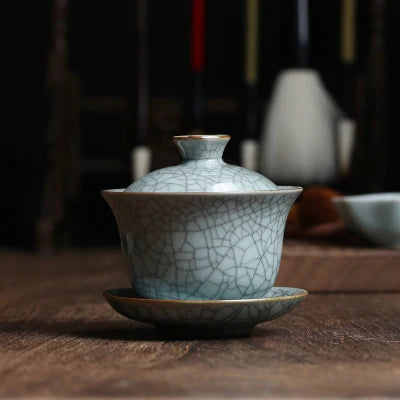 marked longquan celadon gaiwan crackle glaze porcelain tureen with cup saucer covered bowl lid 150ml creative iron line design