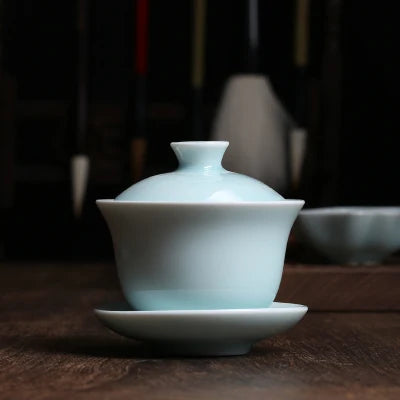 marked longquan celadon gaiwan crackle glaze porcelain tureen with cup saucer covered bowl lid 150ml creative iron line design