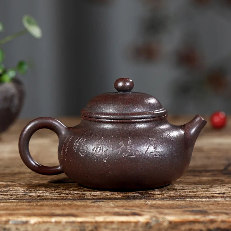 marked real yixing zisha tea pot handmade carved Chinese character original ore purple grit kungfu pot 240ml 9 infuser holes new