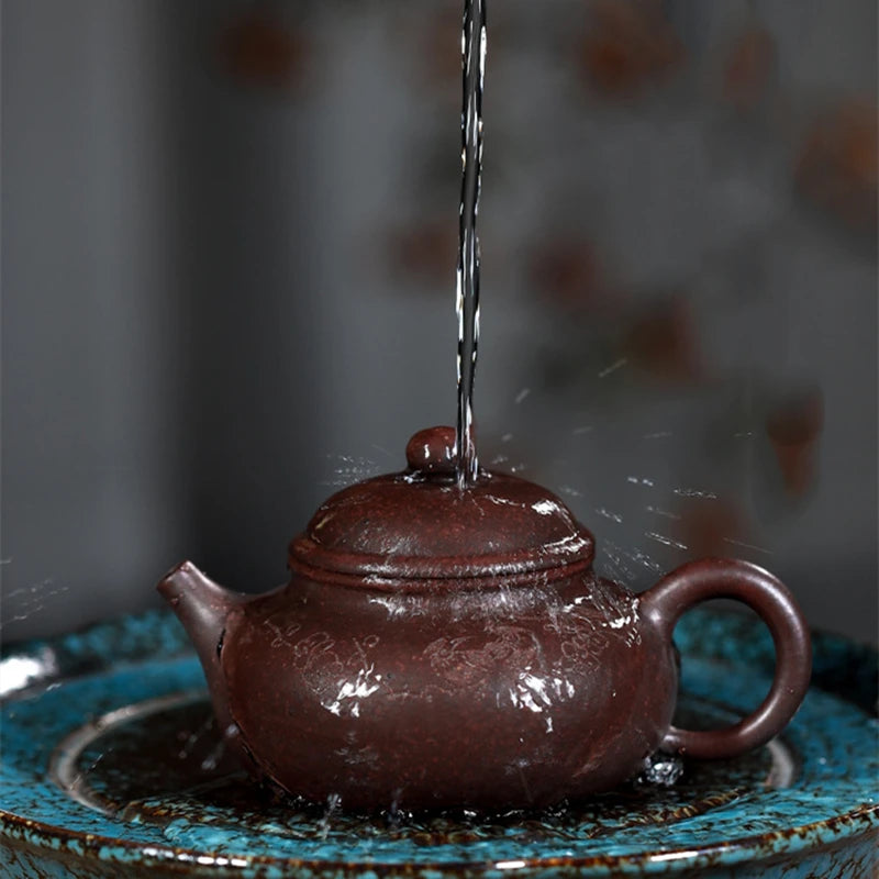 marked real yixing zisha tea pot handmade carved Chinese character original ore purple grit kungfu pot 240ml 9 infuser holes new