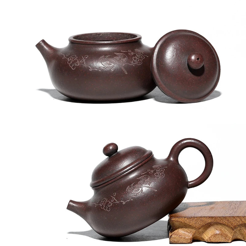 marked real yixing zisha tea pot handmade carved Chinese character original ore purple grit kungfu pot 240ml 9 infuser holes new