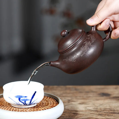 marked real yixing zisha tea pot handmade carved Chinese character original ore purple grit kungfu pot 240ml 9 infuser holes new