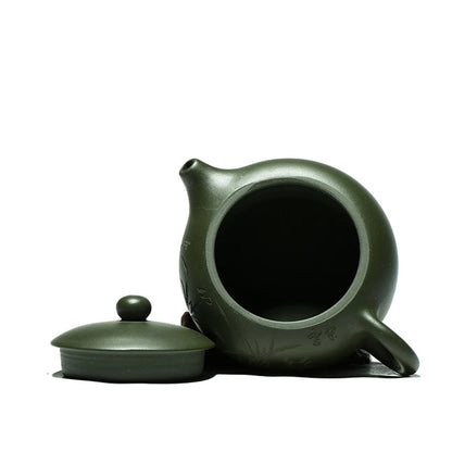 marked tea pot bamboo carved real yixing zisha green clay flat xishi pot Chinese kungfu pot on sales ball shaped infuser holes