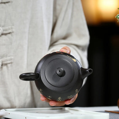 marked tea pot handmade master pot real yixing zisha black clay original ore purple grit floral relief kungfu tea pots in China