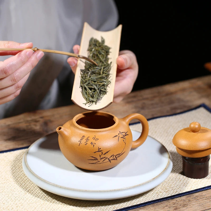 marked tea pot real yixing zisha duan clay bamboo carved WenDan pots Chinese kungfu pot with 7 infuser holes 6.8oz