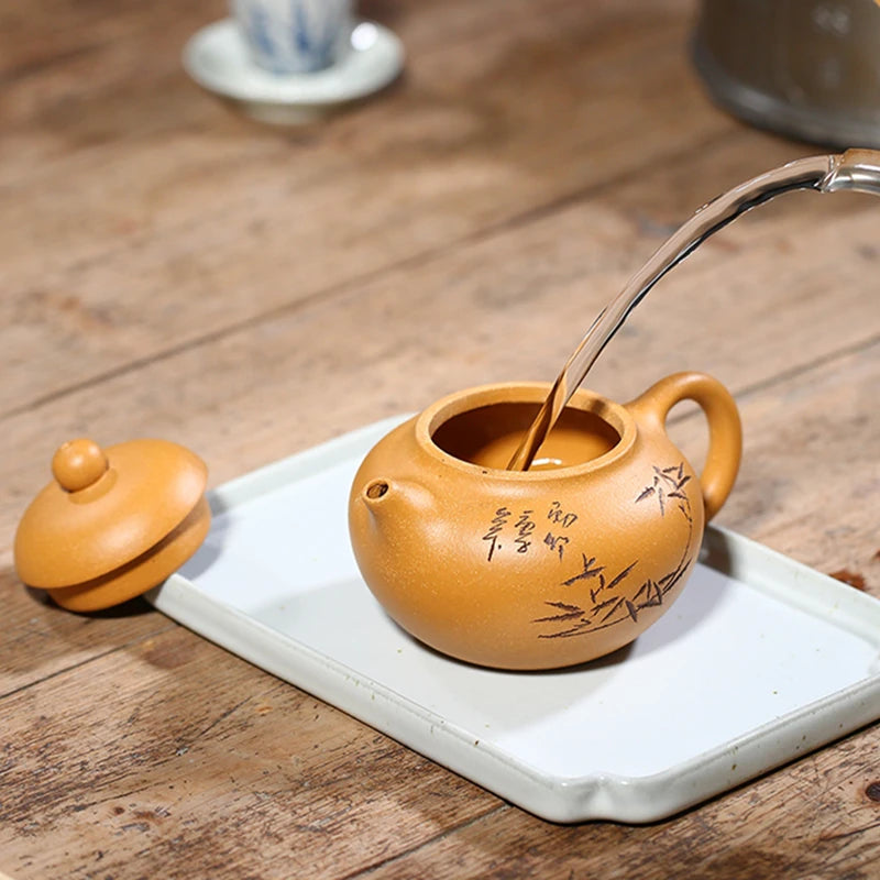 marked tea pot real yixing zisha duan clay bamboo carved WenDan pots Chinese kungfu pot with 7 infuser holes 6.8oz