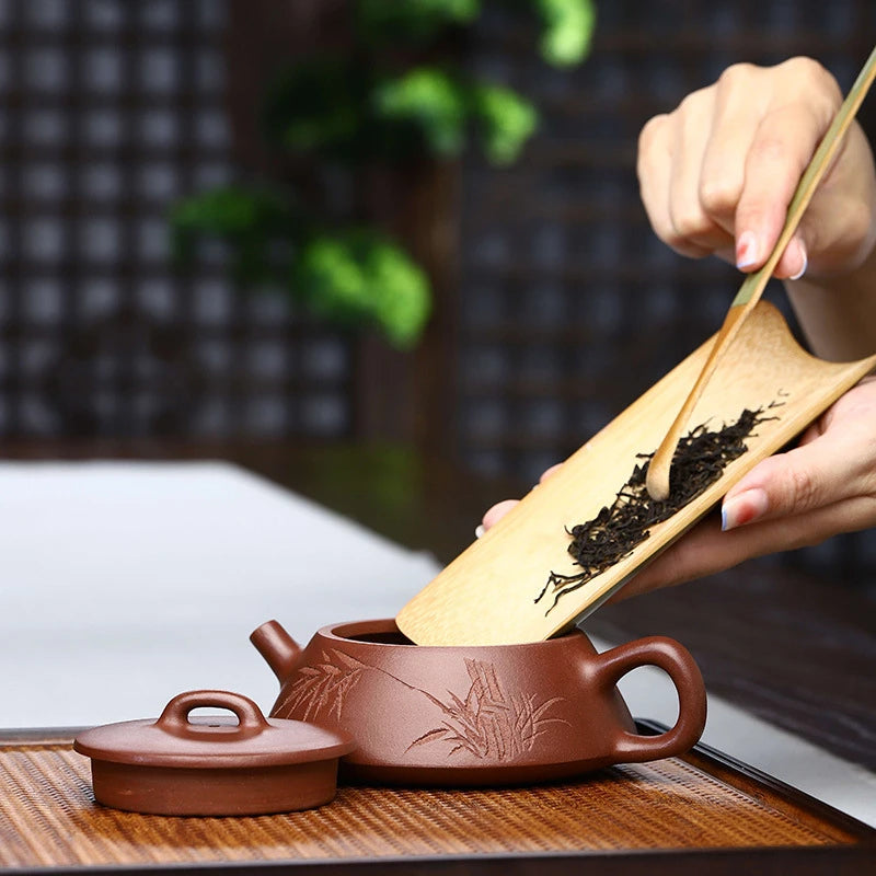 marked tea pot with 7 infuser holes handmade craft bamboo Chinese character Zen style kungfu pot 270ml true yixing zisha clay