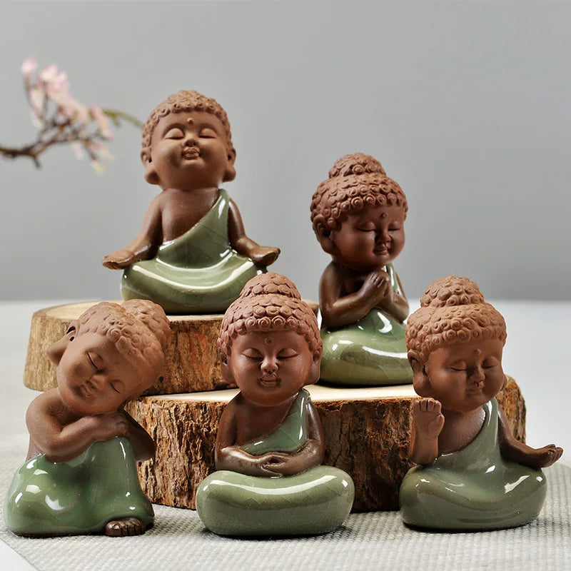 mini tea pet Chinese yixing zisha purple clay tea play porcelain crackle glaze brother kiln monk Buddha home decoration on sales