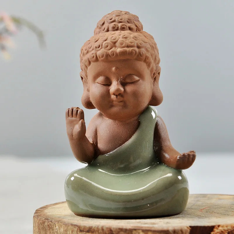 mini tea pet Chinese yixing zisha purple clay tea play porcelain crackle glaze brother kiln monk Buddha home decoration on sales