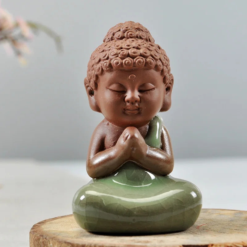 mini tea pet Chinese yixing zisha purple clay tea play porcelain crackle glaze brother kiln monk Buddha home decoration on sales