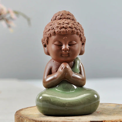 mini tea pet Chinese yixing zisha purple clay tea play porcelain crackle glaze brother kiln monk Buddha home decoration on sales
