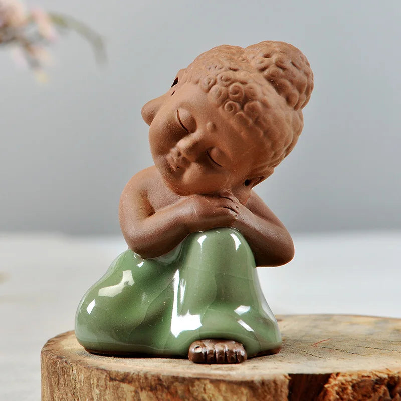 mini tea pet Chinese yixing zisha purple clay tea play porcelain crackle glaze brother kiln monk Buddha home decoration on sales