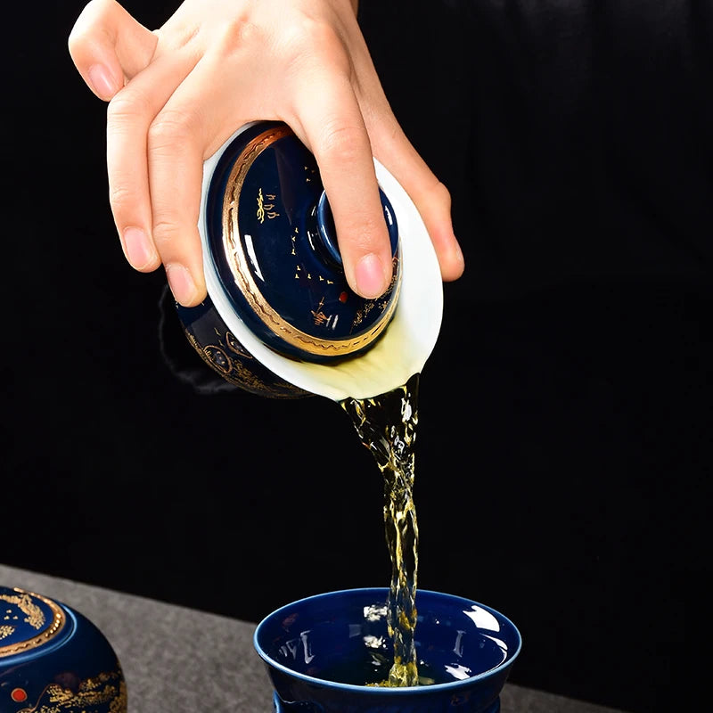 mountain-river print porcelain tureen blue glaze ceramic gaiwan covered bowl with cup saucer lid on sales