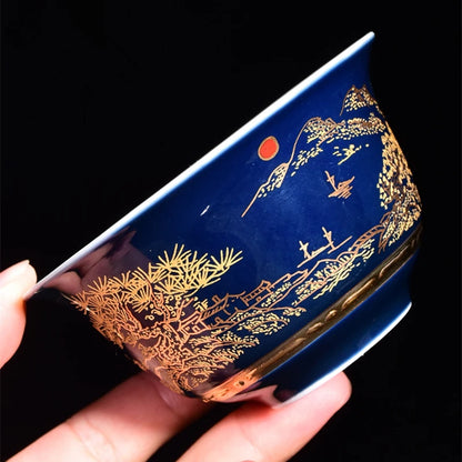 mountain-river print porcelain tureen blue glaze ceramic gaiwan covered bowl with cup saucer lid on sales