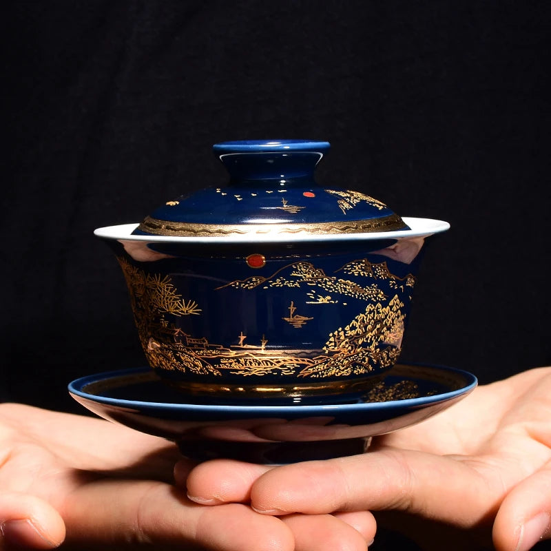 mountain-river print porcelain tureen blue glaze ceramic gaiwan covered bowl with cup saucer lid on sales