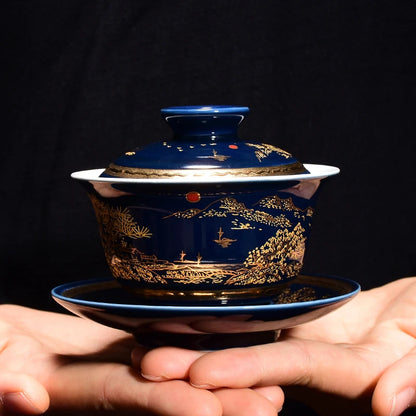 mountain-river print porcelain tureen blue glaze ceramic gaiwan covered bowl with cup saucer lid on sales