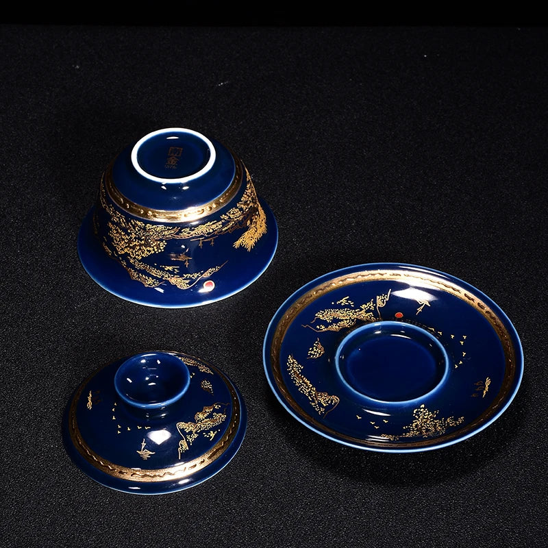 mountain-river print porcelain tureen blue glaze ceramic gaiwan covered bowl with cup saucer lid on sales