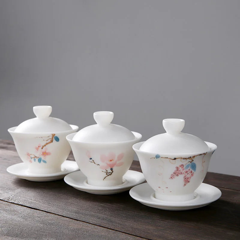 mutton fat jade porcelain gaiwan handpainted ceramic tureen covered bowl handmade cup bowl saucer coaster lid in China boutique