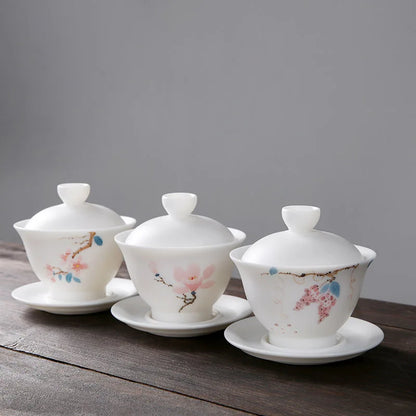 mutton fat jade porcelain gaiwan handpainted ceramic tureen covered bowl handmade cup bowl saucer coaster lid in China boutique